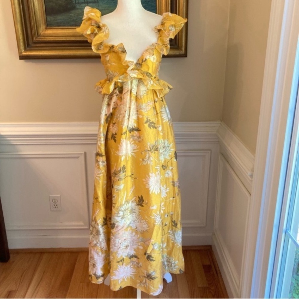 H&M Yellow Floral Ruffle Plunge Open Back Lyocell Midi Dress - Picture 15 of 15
